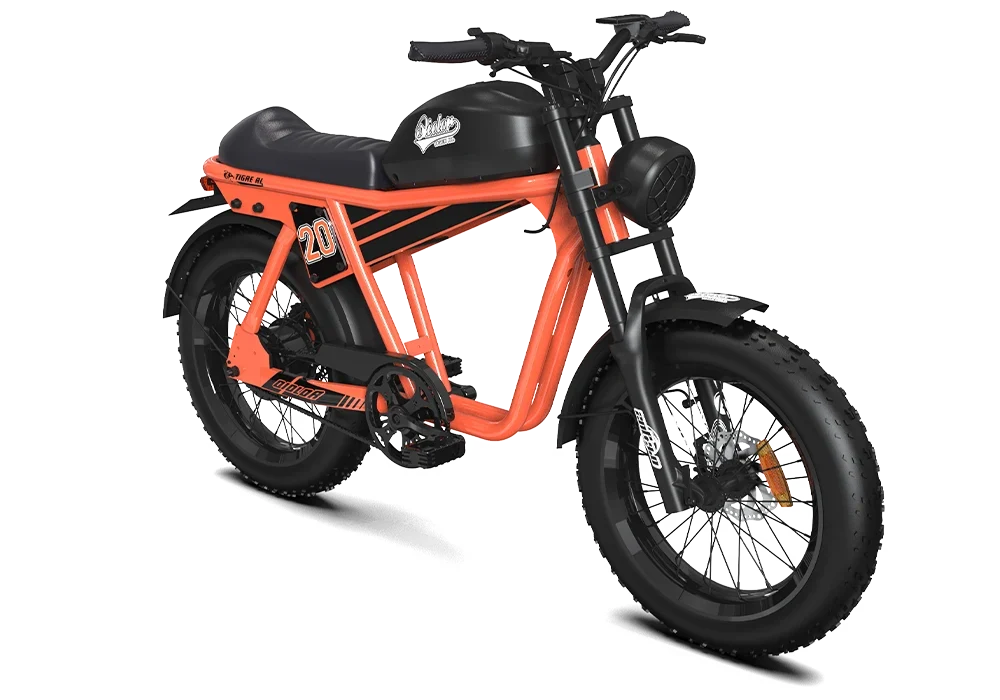 Qiolor Tiger RL retro fat tire e-bike in Orange, angled front view