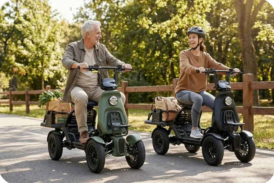 Group of adult riders on EUNORAU S1000 four-wheel electric utility vehicles outdoors