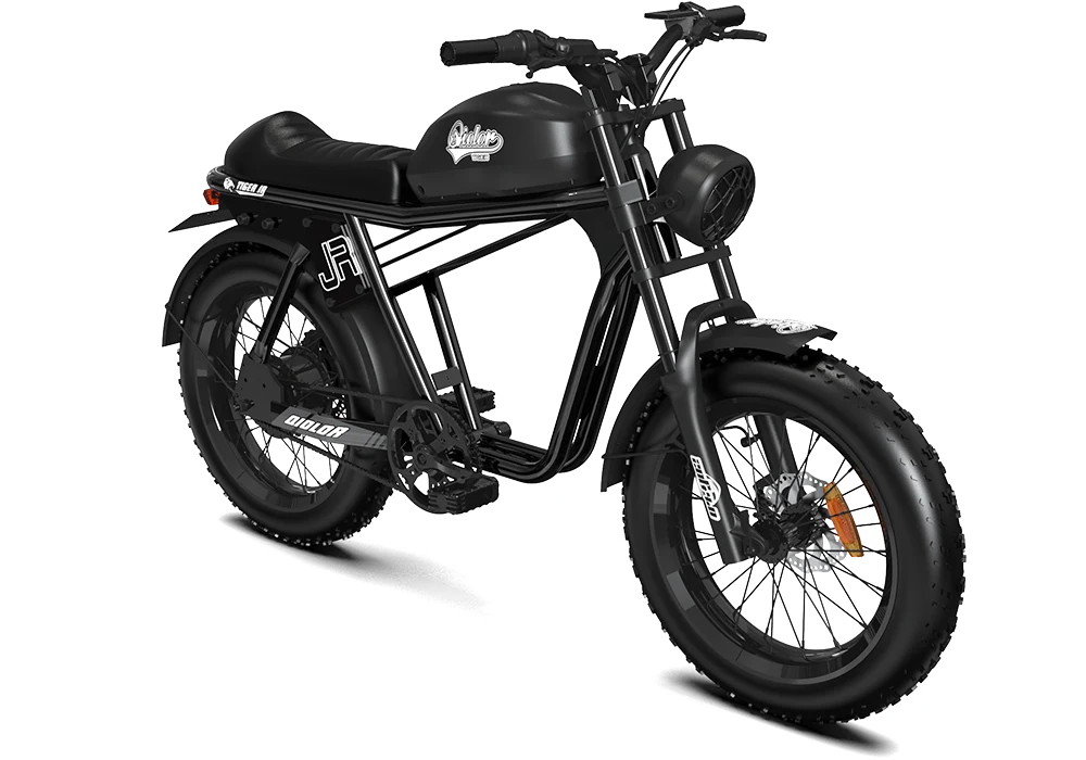 Qiolor Tiger JR retro fat tire e-bike in Black, angled front view